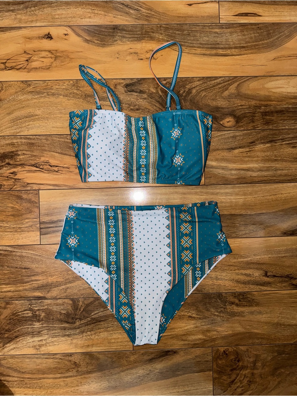 SHEIN Teal & White Patterned High-Waist Bikini Set